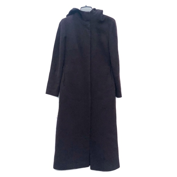 Andrew Marc NY Wool Long Hooded Dark Brown Heavy Winter Cozy Trench Coat EUC 8 - Picture 1 of 13